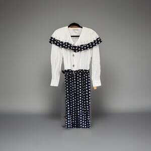 Vtg NWT NOS 1980’s Repertoire Midi Wide Collar Print Navy Blue Dress Metzgers 6